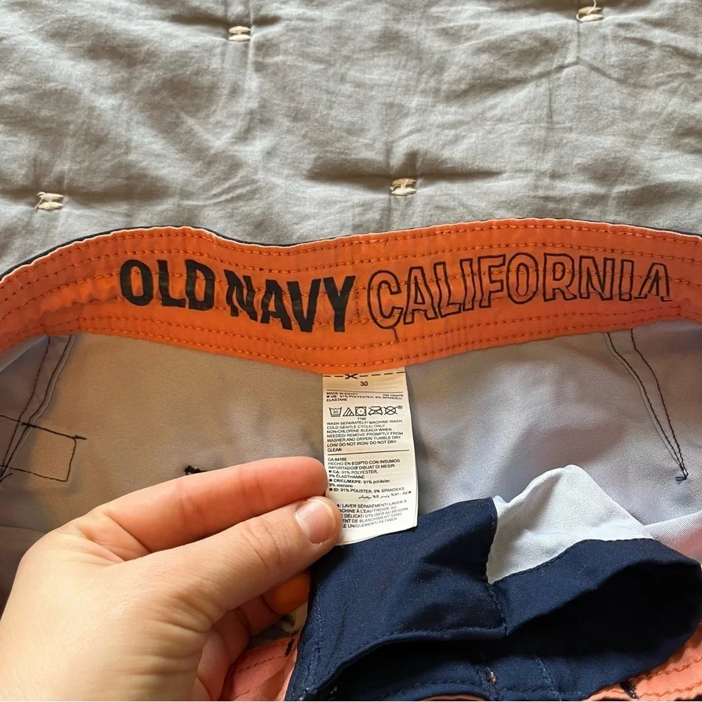Old Navy Men’s Blue Orange Striped Pockets Drawstring Swim Trunk Size 30
